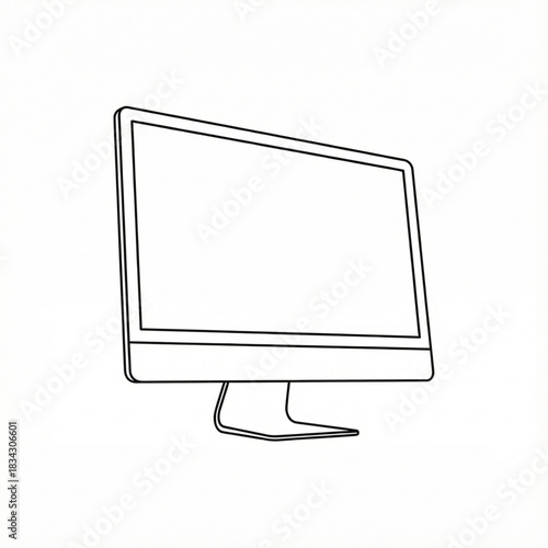 Black and white vector illustration of a modern desktop monitor with a slim frame and sleek stand, drawn in clean minimal line art style, suitable for tech branding, UI mockups, and digital system gra