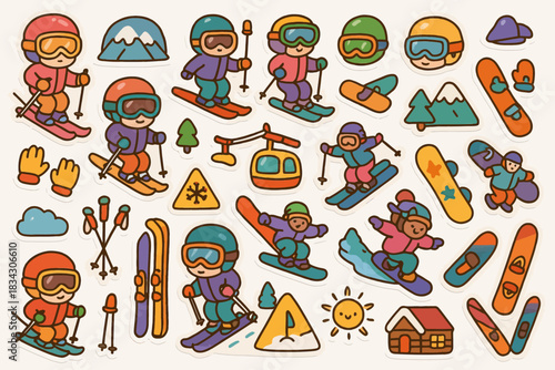 Colorful cartoon skiing stickers with skiers and winter icons