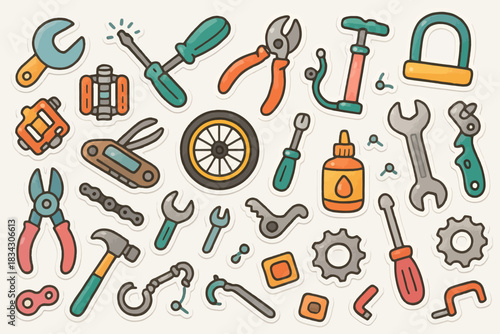 Colorful assortment of hand tools and bicycle parts in cartoon style