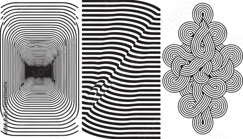 Dynamic collection of black and white abstract patterns, featuring optical illusions, geometric designs, and modern visual art elements