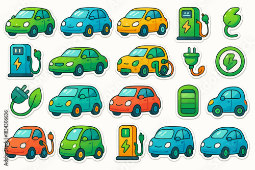Colorful electric cars and charging icons collection for eco-friendly transportation