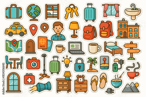 Illustrated travel icons collection with man and various objects