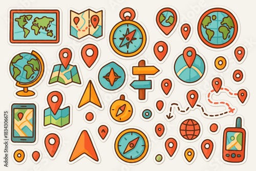 Colorful navigation icons collection with maps, compasses, and gps elements