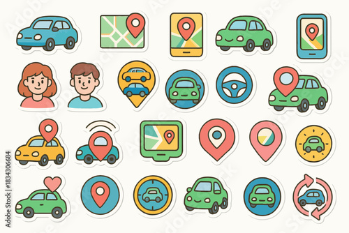 Illustrated icons of cars, maps, and navigation with male and female characters