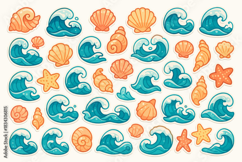 Colorful ocean waves and seashells pattern with starfish illustrations