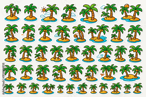 Variety of cartoon tropical islands with palm trees