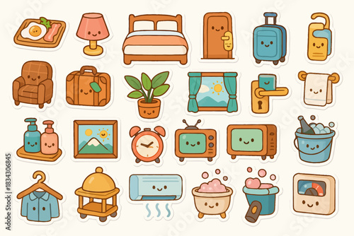 Cute kawaii hotel-themed objects and furniture stickers collection