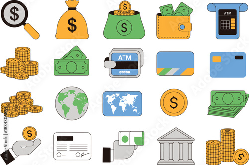 Financial Icons Set Representing Money Wealth and Investment Opportunities