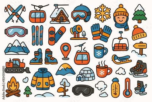 Colorful winter activity icons featuring skiing, snowboarding, and winter gear