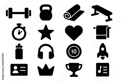 Fitness icons: weights, kettlebell, yoga mat, and more for health enthusiasts