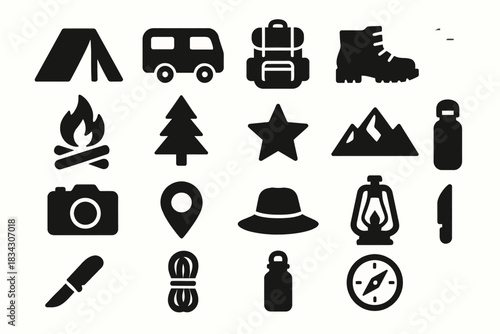 Camping adventure icons: tent, backpack, boots, lantern, and more
