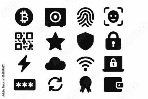 Digital security icons featuring bitcoin, fingerprint, lock, and wi-fi symbols