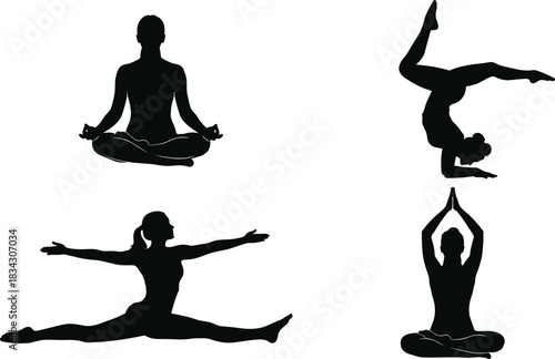Yoga and Pilates Poses Silhouette Collection, Professional Vector Set of Women Meditating, Stretching, and Balancing, Illustrating Wellness, Flexibility, Fitness, and Healthy Lifestyle Practices.