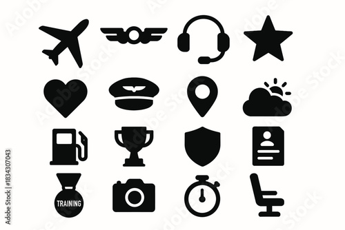 Aviation icons set: airplane, pilot, trophy, camera, headset, star, heart, sun, fuel, training