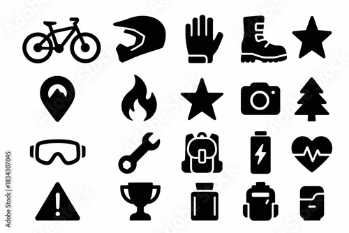 Adventure icons set: cycling, safety gear, nature, tools, and sports symbols