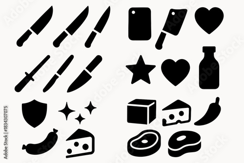 Black silhouette icons of kitchen tools and food items