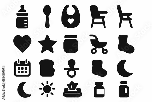 Baby essentials icons collection: bottles, bibs, strollers, and more