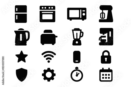 Set of sixteen black kitchen appliances and device icons