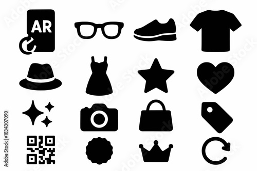 Black silhouette icons: clothing, accessories, and symbols on white background