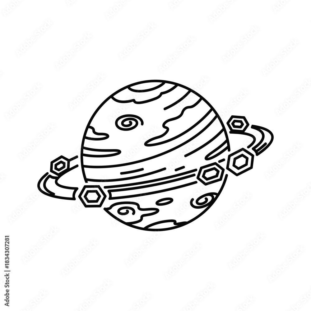 Fototapeta premium Minimalist Outline Ringed Planet with Hexagonal Accents