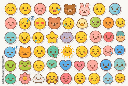 Colorful cartoon emoji collection featuring animals and various expressions