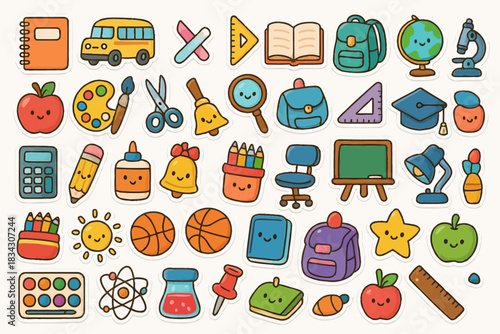 Colorful cartoon school supplies and activities clipart with smiling faces