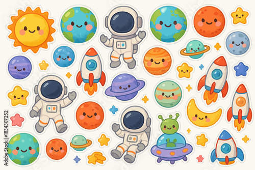Colorful space stickers: cute astronauts, planets, rockets, and stars for kids