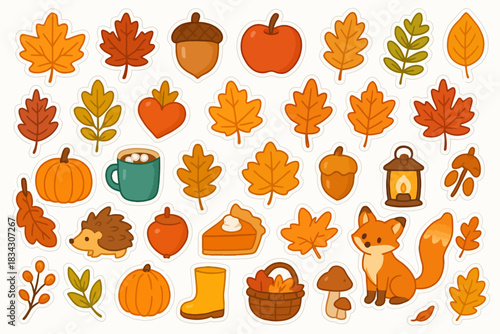 Autumn-themed cartoon stickers featuring leaves, animals, and seasonal objects