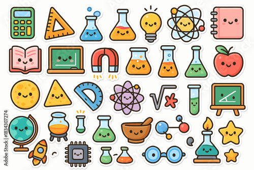 Cute science icons featuring adorable smiling lab equipment and scientific symbols