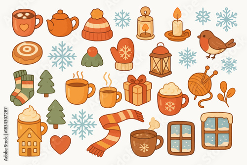 Cozy winter icons featuring hot drinks, candles, and festive elements