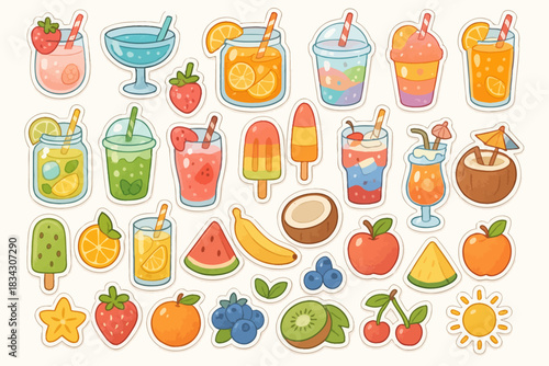 Colorful assortment of fruit-themed drinks and icons with summer vibes