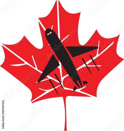 Airplane flying across a red canadian maple leaf symbol