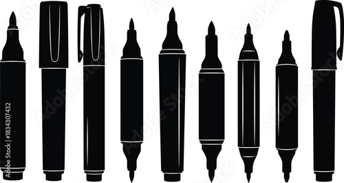 Black Silhouette Vector Collection of Assorted Marker Pens Highlighters and Art Supplies for School Office and Design Projects Outline Icons Set, isolated on a white background
