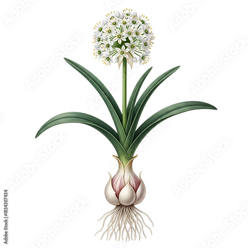 Allium sativum mature plant with roots and white flowers