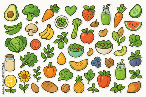 Colorful assortment of fresh fruits and vegetables illustrations