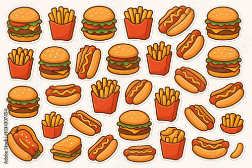 Colorful cartoon fast food pattern with burgers, fries, and hot dogs