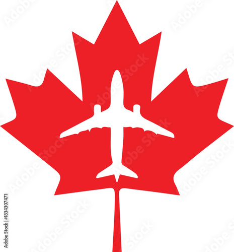 White airplane silhouette superimposed on a red canadian maple leaf symbol
