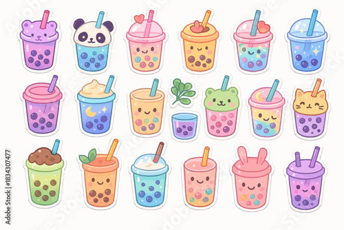 Cute kawaii bubble tea stickers with adorable animal designs