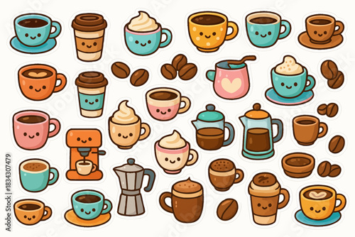 Whimsical coffee and beverage icons with smiling faces
