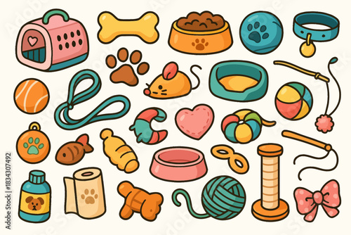 Colorful pet accessories illustration with toys and supplies