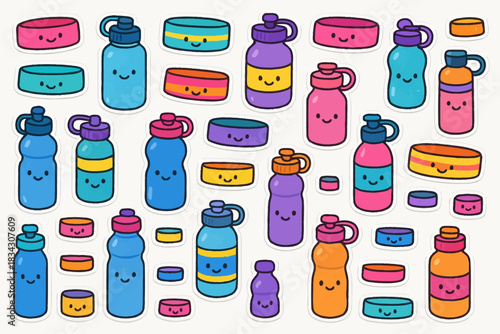 Cute cartoon water bottles and snack containers with smiling faces