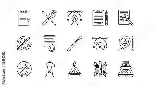 Set of line art icons representing graphic design tool concept