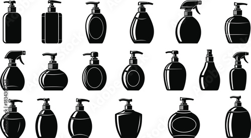 Bottle, soap, lotion, shampoo, container, silhouette, vector, dispenser, pump, cosmetic, hygiene, liquid, spray, beauty, packaging.