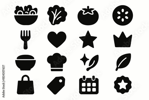 Silhouette icons of food, kitchen utensils, and symbols in black