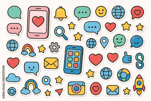 Colorful assorted emoji and icon stickers on white background