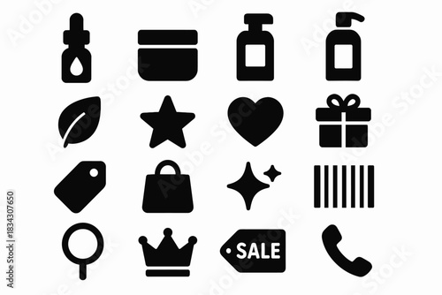 Black silhouette icons: skincare, shopping, and communication themes