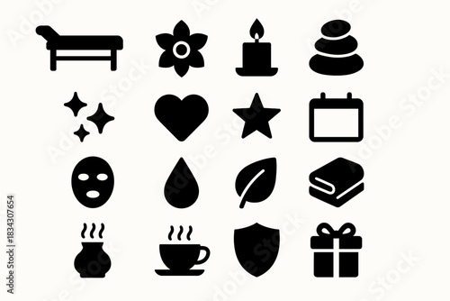 Spa and relaxation icons: candle, stone, leaf, gift, mask, tea, heart, book