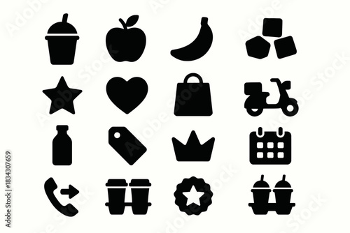 Black silhouette icons: fruit, shapes, scooter, shopping, and coffee elements