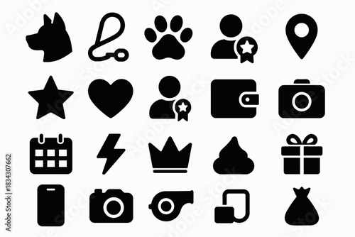 Collection of black icons including dog, camera, heart, star, and gift symbols