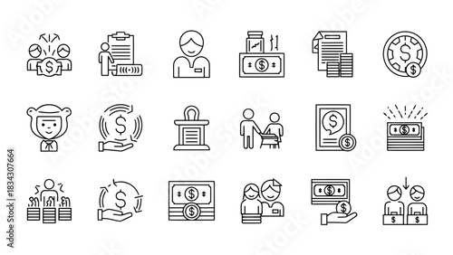 Set of line art icons representing graphic design tool concept